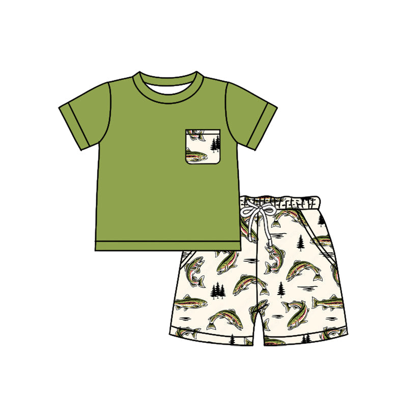 Preorder Baby Boy Short Sleeves Green Shirt Fish Pockets Shorts Set ( Moq 5 )