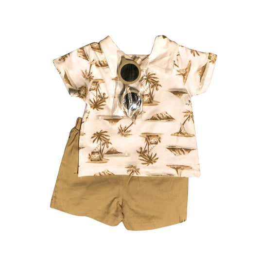 Preorder Baby Boy Short Sleeves Beach Shirt Khaki Shorts Set ( Moq 5 )