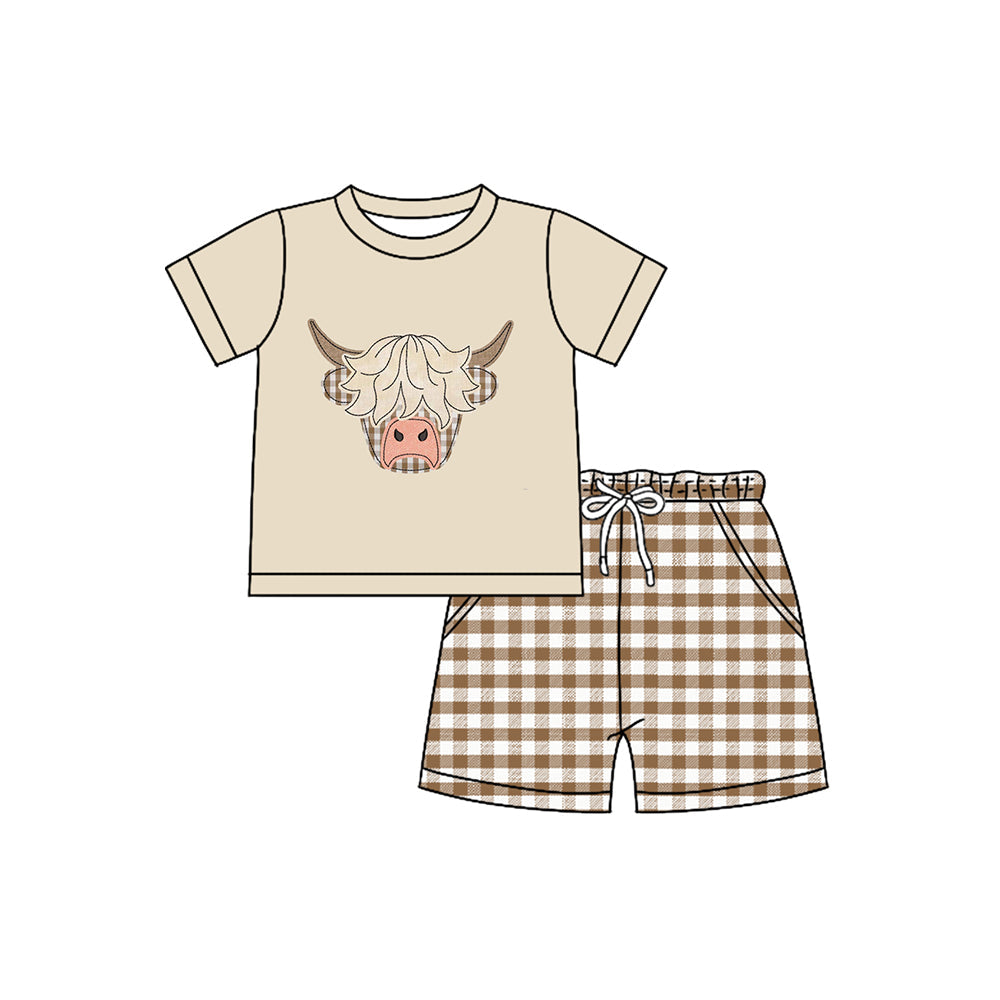 ( Moq 5 ) Preorder Baby Boy Short Sleeves Western Cow Shirt Pockets Plaid Shorts Set