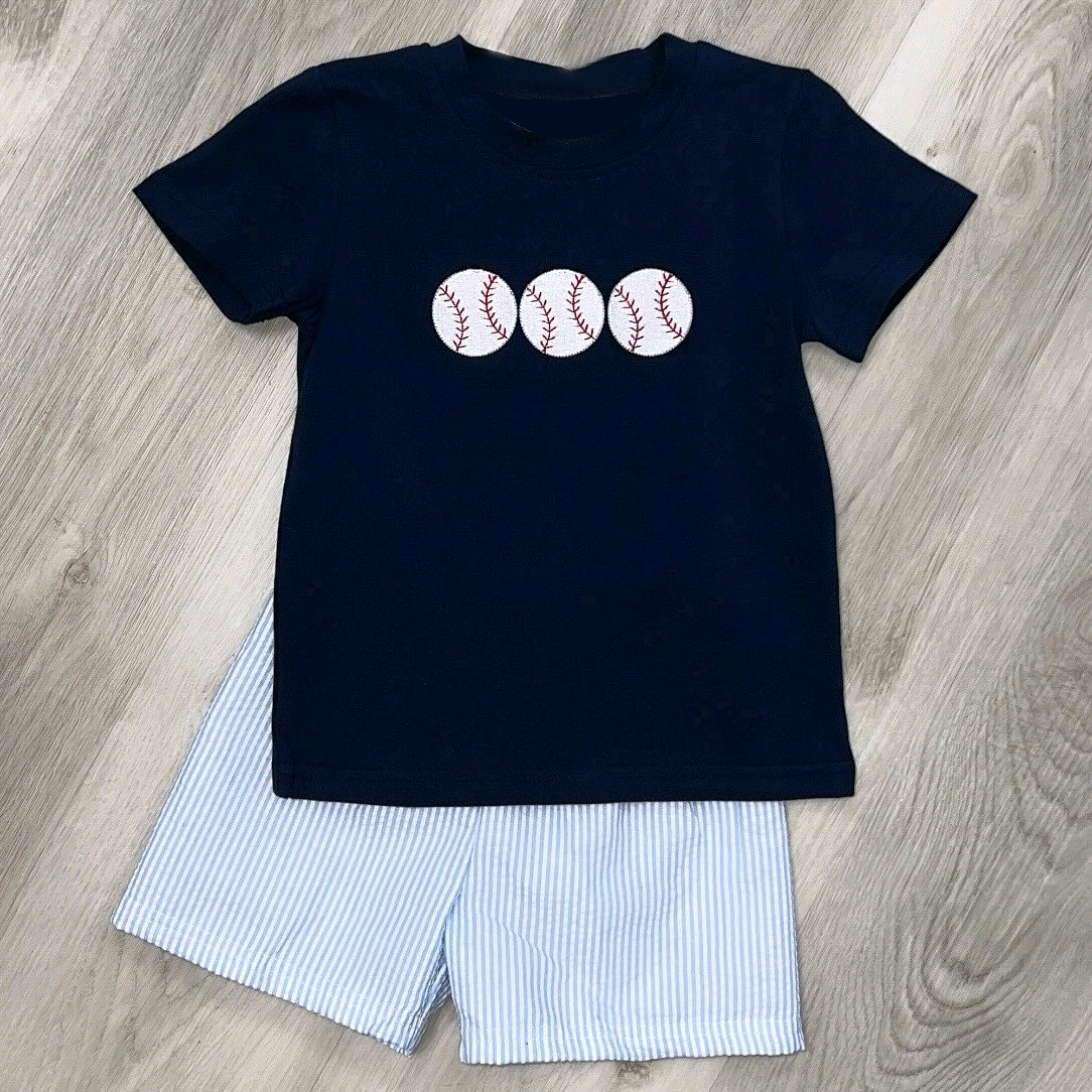 ( Moq 5 ) Preorder Baby Boy Navy Short Sleeves Baseball Shirt Stripes Shorts Set