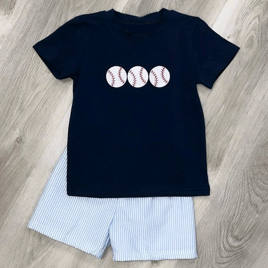 ( Moq 5 ) Preorder Baby Boy Navy Short Sleeves Baseball Shirt Stripes Shorts Set