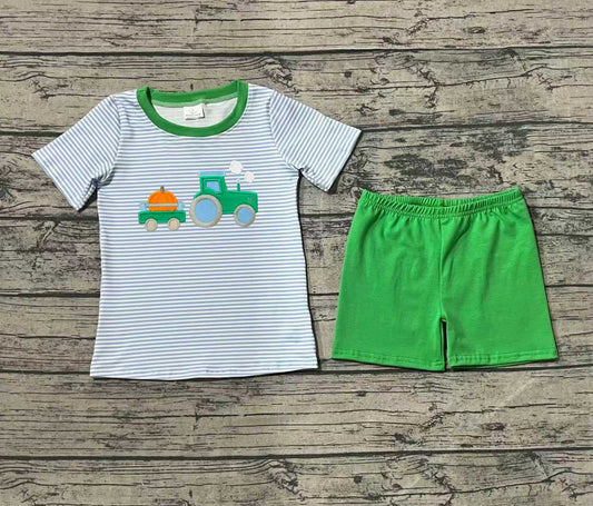 ( No moq ) Preorder Baby Boy Short Sleeves Embroidery Pumpkin Tractor Stripes Shirt Green Shorts Set