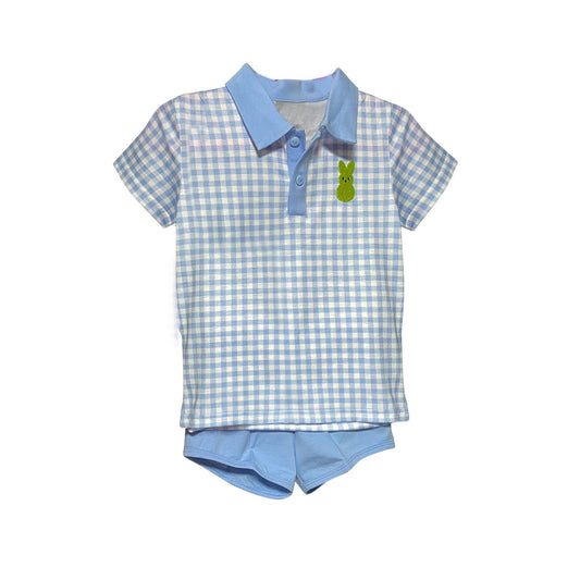 ( Moq 5 ) Preorder Boys Kids Short Sleeves Plaid Rabbit Shirt Blue Shorts Easter Set