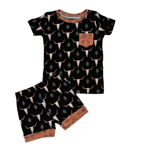 ( Moq 5 ) Preorder Boys Kids Short Sleeves Cow Aztec Pocket Shirt Shorts Western Clothes Set
