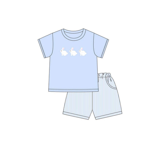 ( Moq 5 ) Preorder Baby Boys Short Sleeves Rabbits Shirt Stripes Pockets Shorts Easter Set
