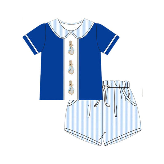 ( Moq 5 ) Preorder Boys Kids Short Sleeves Rabbits Shirt Pockets Blue Stripes Shorts Easter Set
