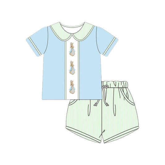 ( Moq 5 ) Preorder Boys Kids Short Sleeves Rabbits Shirt Pockets Green Stripes Shorts Easter Set