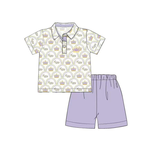 ( Moq 5 ) Preorder Boys Kids Short Sleeves Masks Polo Shirt Purple Shorts Mardi Gras Set