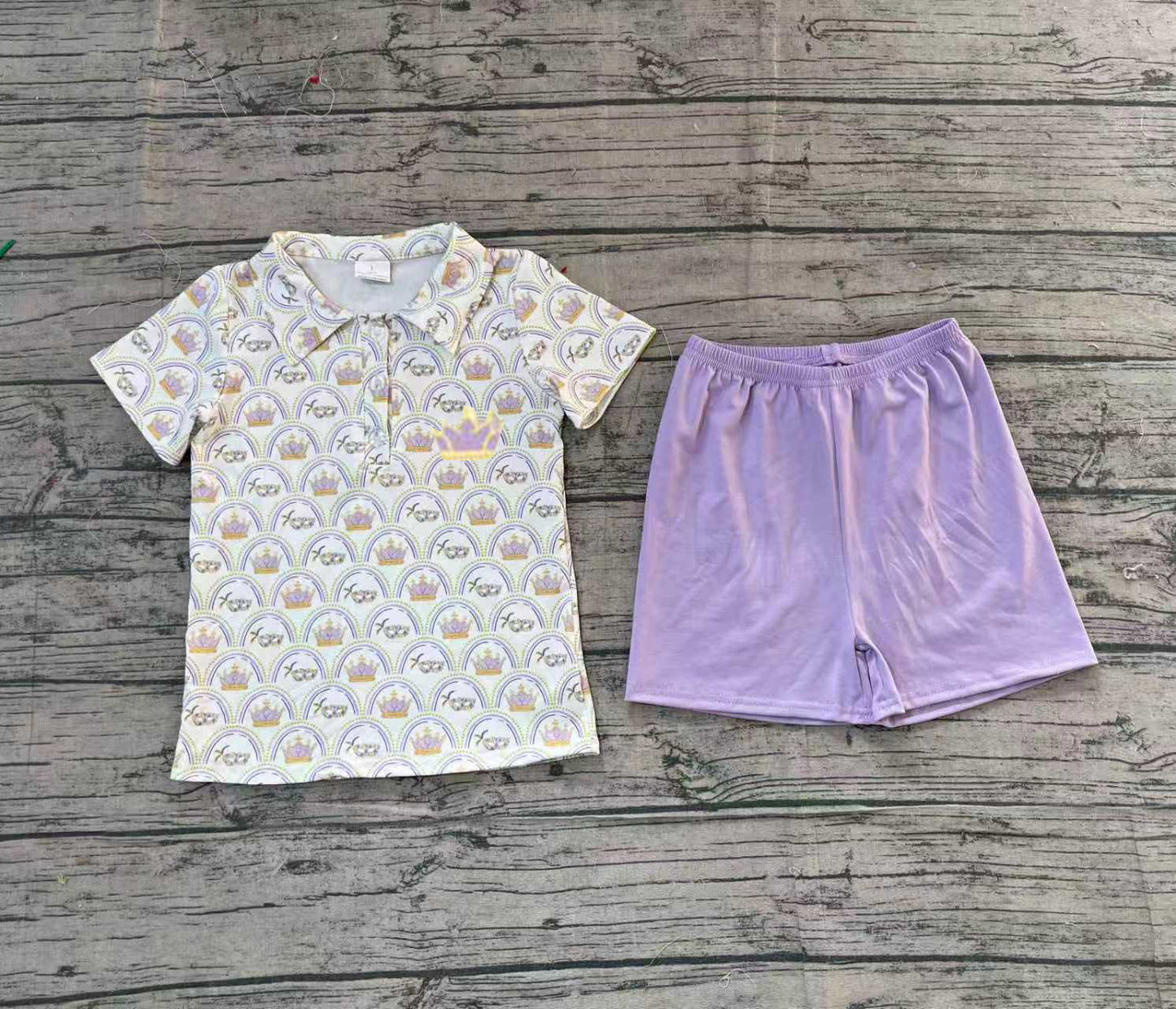 ( No moq ) Preorder Boys Kids Embroidery Masks Polo Shirt Purple Shorts Mardi Gras Set