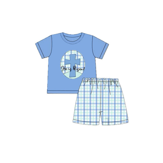 ( Moq 5 ) Preorder Baby Boys Toddler Cross Blue Shirt Plaid Shorts Easter Outfit Clothes Set