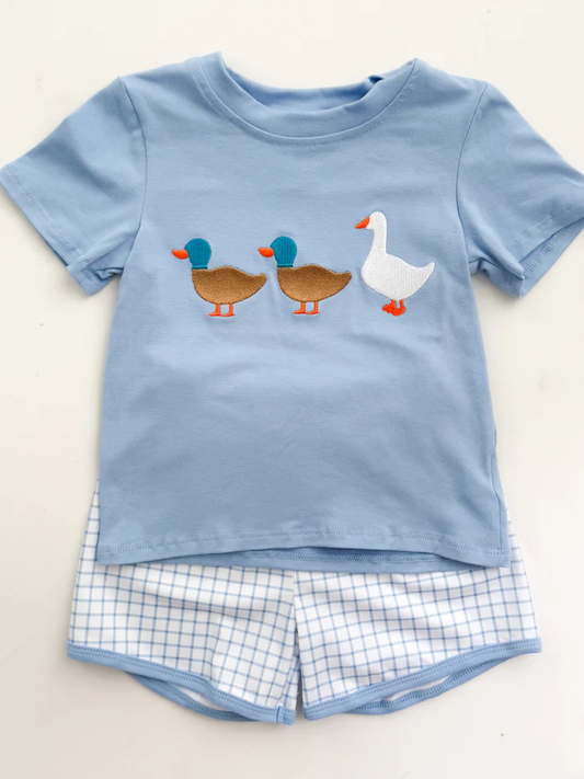 ( Moq 5 ) Preorder Baby Boys Kids Short Sleeves Ducks Shirt Plaid Shorts Outfit Clothes Set