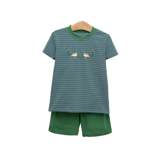 ( Moq 5 ) Preorder Baby Boys Kids Ducks Stripes Shirt Green Shorts Summer Outfit Clothes Set