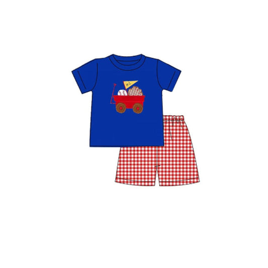 ( Moq 5 ) Preorder Baby Boys Kids Short Sleeves Baseball Blue Shirt Red Plaid Shorts Clothes Set