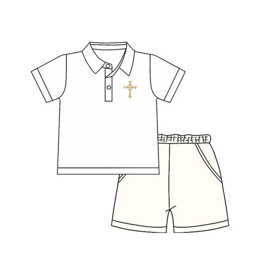 ( Moq 5 ) Preorder Baby Boys Kids Short Sleeves Cross Buttons Polo Shirt Pockets Shorts Easter Clothes Set