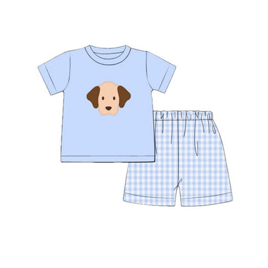 ( Moq 5 ) Preorder Baby Boys Blue Short Sleeves Dog Shirt Plaid Shorts Summer Clothes Set