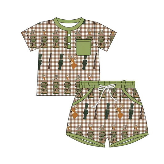 ( Moq 5 ) Preorder Baby Boys Short Sleeves Deer Camo Shirt Pocket Plaid Shorts Hunting Clothes Set