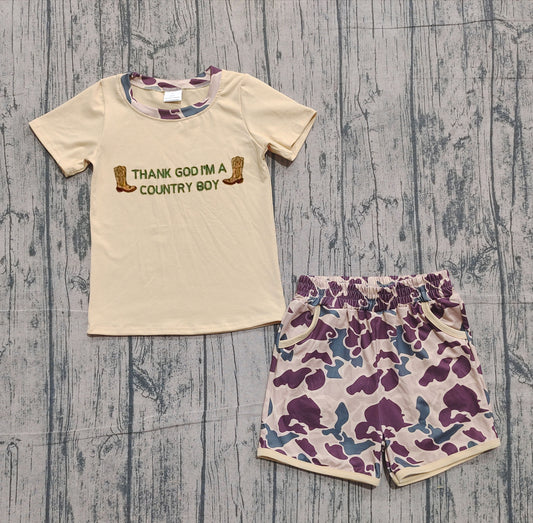( No moq ) Preorder Baby Boys Short Sleeves Embroidery Boots Shirt Camo Pockets Shorts Set