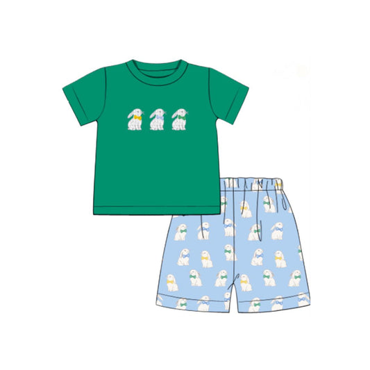 ( Moq 5 ) Preorder Baby Boys Green Short Sleeves Rabbits Shirt Shorts Easter Clothes Set