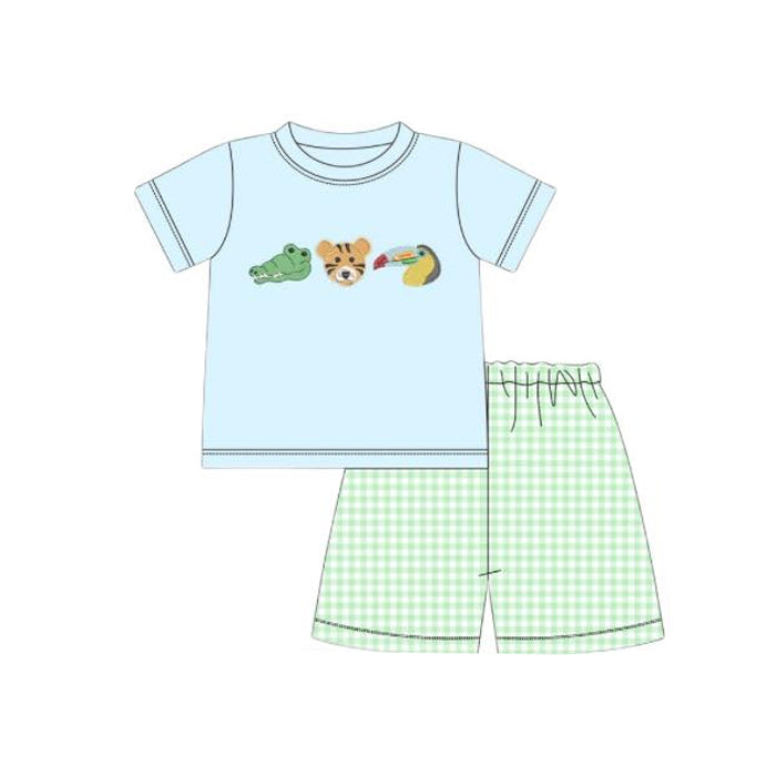 ( Moq 5 ) Preorder Baby Boys Short Sleeves Animals Blue Shirt Plaid Shorts Set