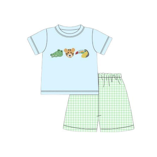 ( Moq 5 ) Preorder Baby Boys Short Sleeves Animals Blue Shirt Plaid Shorts Set