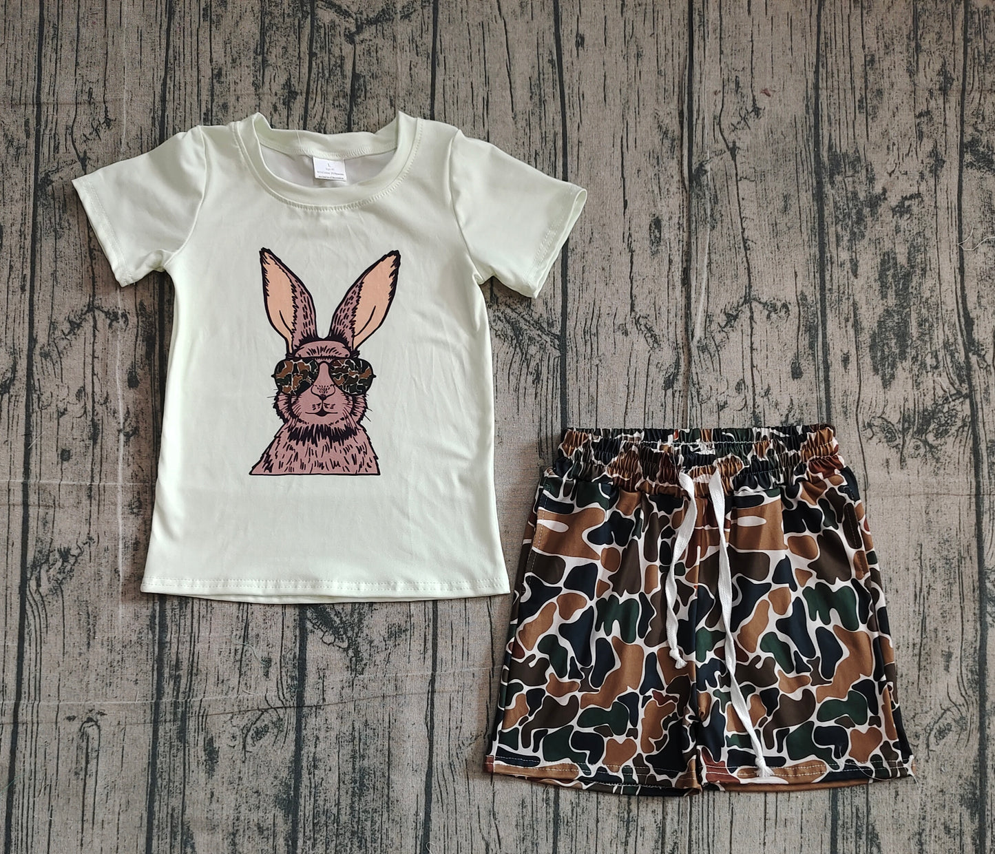 Baby Girls Short Sleeves Rabbits Shirt Green Brown Camo Shorts Easter Clothes Set RTS