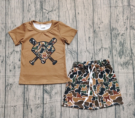 (  No moq ) Preorder Baby Boys Short Sleeves Baseball Shirt Brown Camo Shorts Team Clothes Set