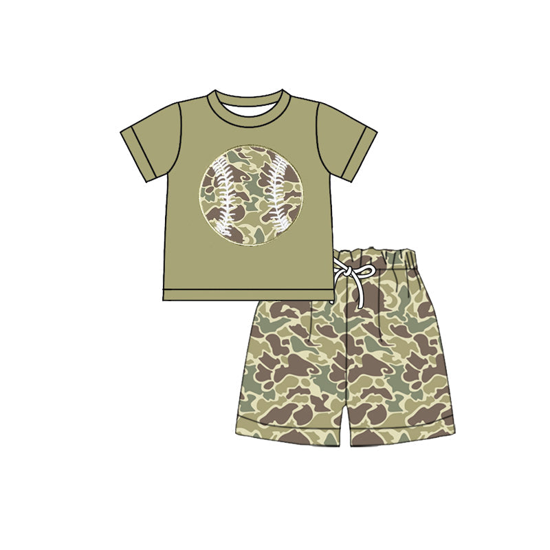 (  Moq 5 ) Baby Boys Short Sleeves Baseball Green Shirt Camo Shorts Clothes Set
