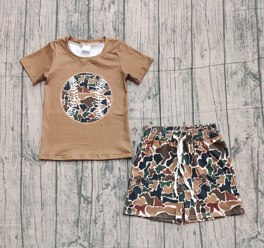 (  No moq ) Baby Boys Short Sleeves Baseball Shirt Brown Camo Shorts Clothes Set