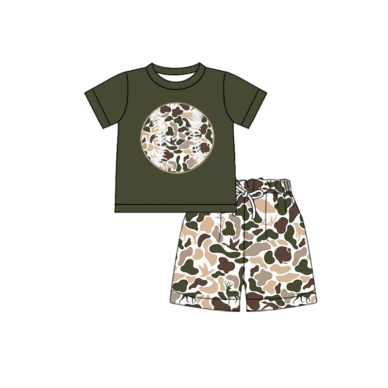 (  Moq 5 ) Baby Boys Short Sleeves Ducks Deer Baseball Shirt Camo Shorts Clothes Set