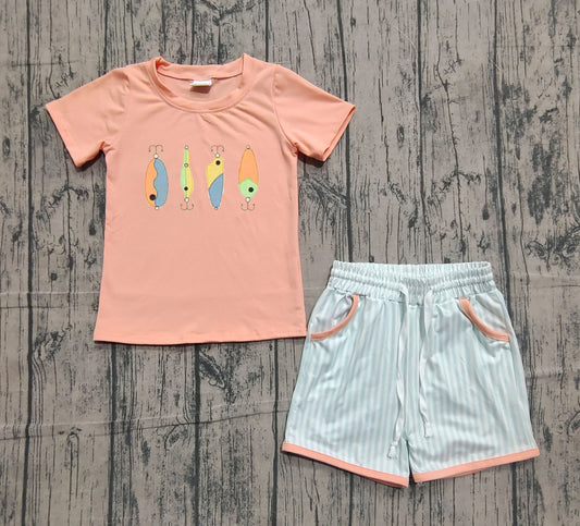 ( No moq ) Preorder Baby Boys Short Sleeves Embroidery Fishing Shirt Stripes Pockets Shorts Set
