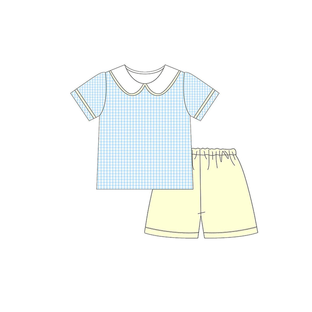 ( Moq 5 ) Preorder Baby Boys Short Sleeves Plaid Shirt Yellow Shorts Clothes Set