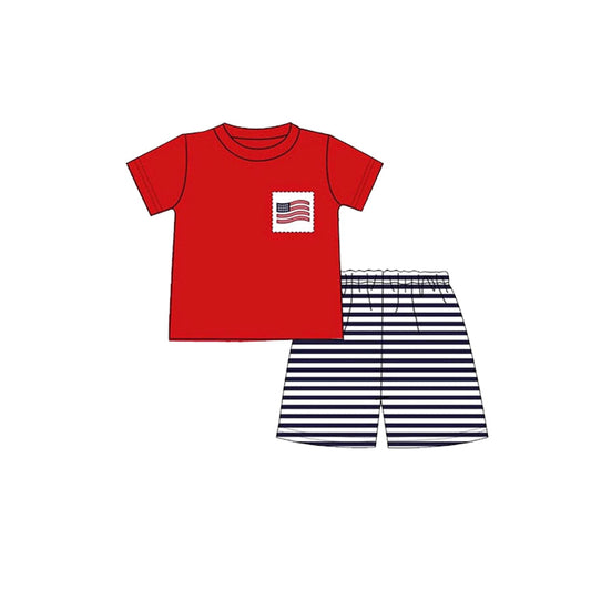 ( Moq 5 ) Preorder Baby Boys Flag Pocket Red Shirt Stripes Shorts July 4th Clothes Set