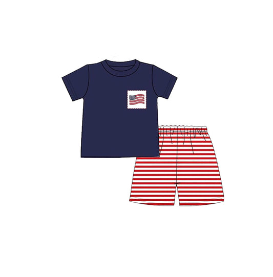( Moq 5 ) Preorder Baby Boys Flag Pocket Blue Shirt Stripes Shorts July 4th Clothes Set