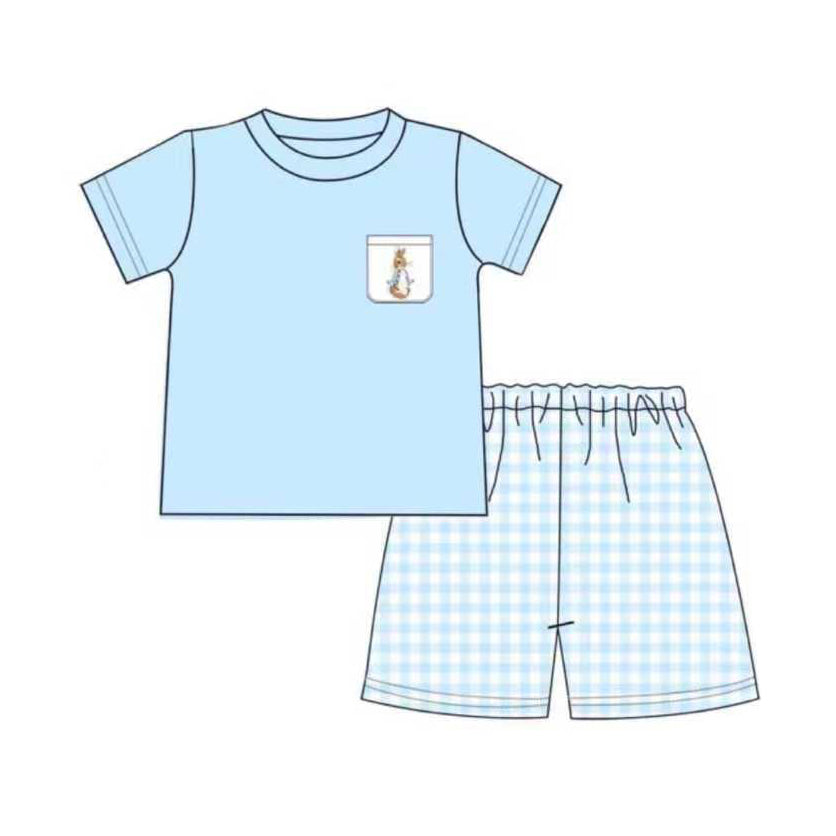( Moq 5 ) Preorder Baby Boys Rabbits Shirt Plaid Shorts Easter Blue Clothes Set