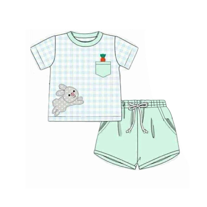 ( Moq 5 ) Preorder Baby Boy Short Sleeves Plaid Rabbits Carrots Shirt Green Pockets Shorts Easter Set