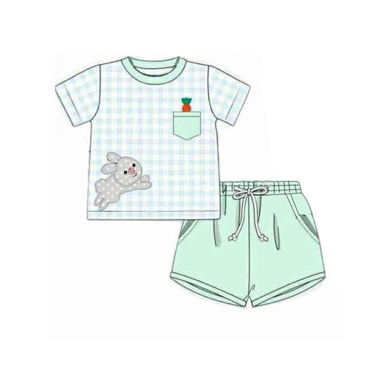( Moq 5 ) Preorder Baby Boy Short Sleeves Plaid Rabbits Carrots Shirt Green Pockets Shorts Easter Set