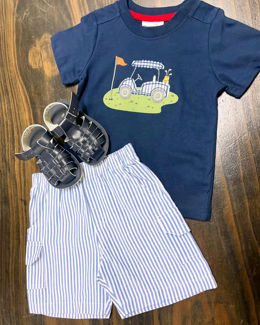 ( Moq 5 ) Preorder Baby Boys Short Sleeve Golf Shirt Stripes Pockets Shorts Clothes Blue Set