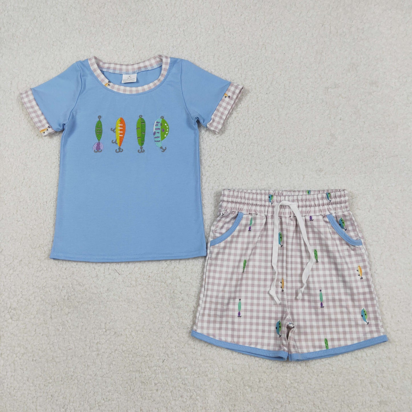 Sibling Baby Boys Short Kids Sleeves Embroidery Fishing Plaid Romper Set RTS