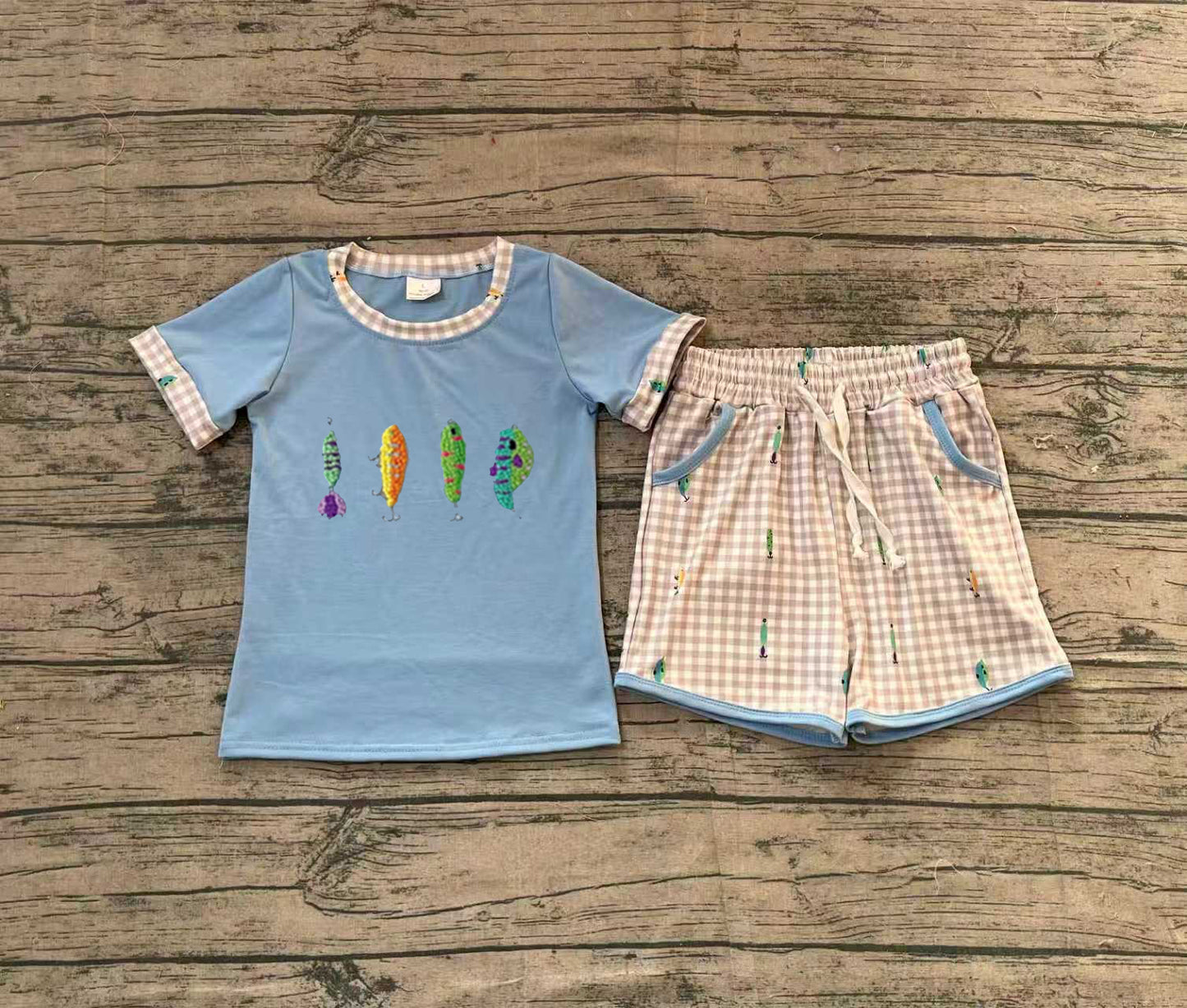(No moq ) Preorder Baby Boys Short Sleeves Embroidery Fishing Shirt Plaid Pockets Shorts Set