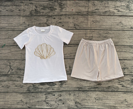 ( No moq ) Preorder Baby Boys Short Sleeves Embroidery Shell Shirt Stripes Shorts Clothes Set