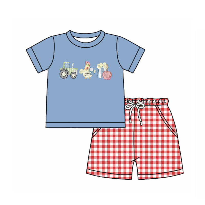 ( Moq 5 ) Preorder Baby Boys Farm Truck Chicken Shirt Plaid Pockets Shorts Clothes Set