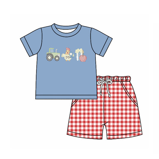 ( Moq 5 ) Preorder Baby Boys Farm Truck Chicken Shirt Plaid Pockets Shorts Clothes Set