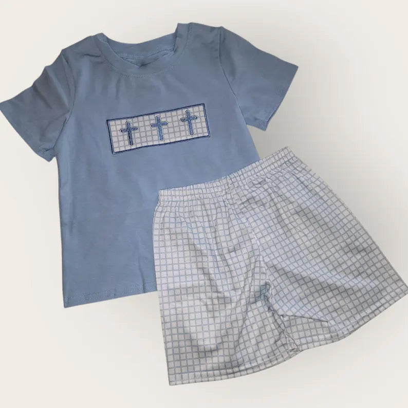 ( Moq 5 ) Preorder Baby Boys Short Sleeves Cross Shirt Plaid Shorts Easter Clothes Set