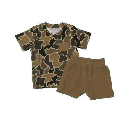 ( Moq 5 ) Preorder Baby Boys Short Sleeves Camo Pocket Shirt Brown Shorts Clothes Set