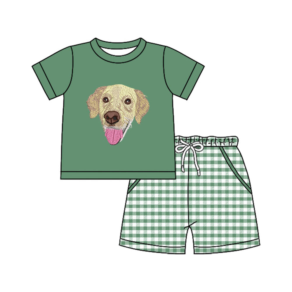 ( Moq 5 ) Preorder Baby Boys Short Sleeves Dog Green Shirt Plaid Pockets Shorts Set