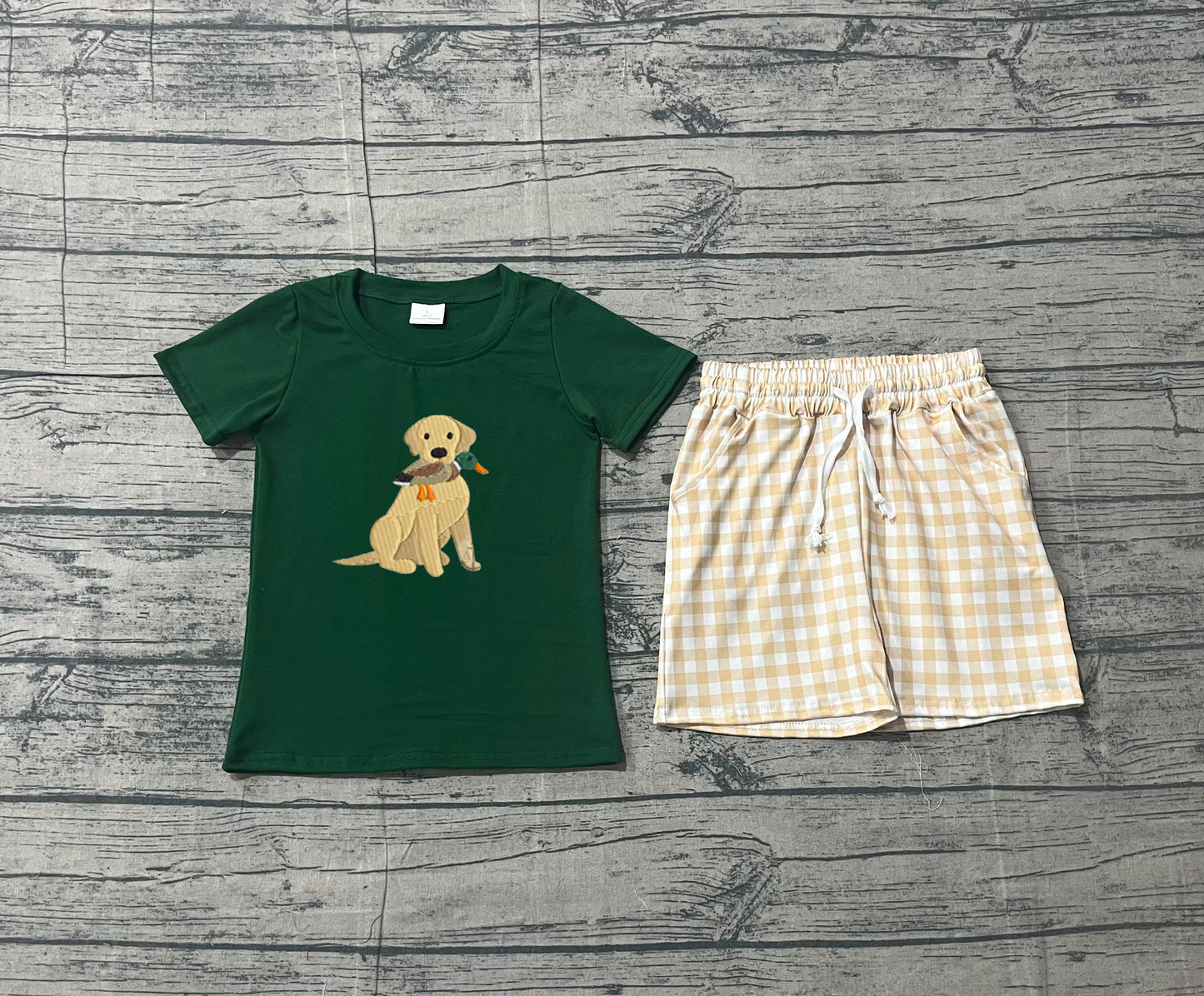 ( No moq ) Preorder Baby Boys Short Sleeves Embroidery Dog Duck Shirt Plaid Pockets Shorts Hunting Set