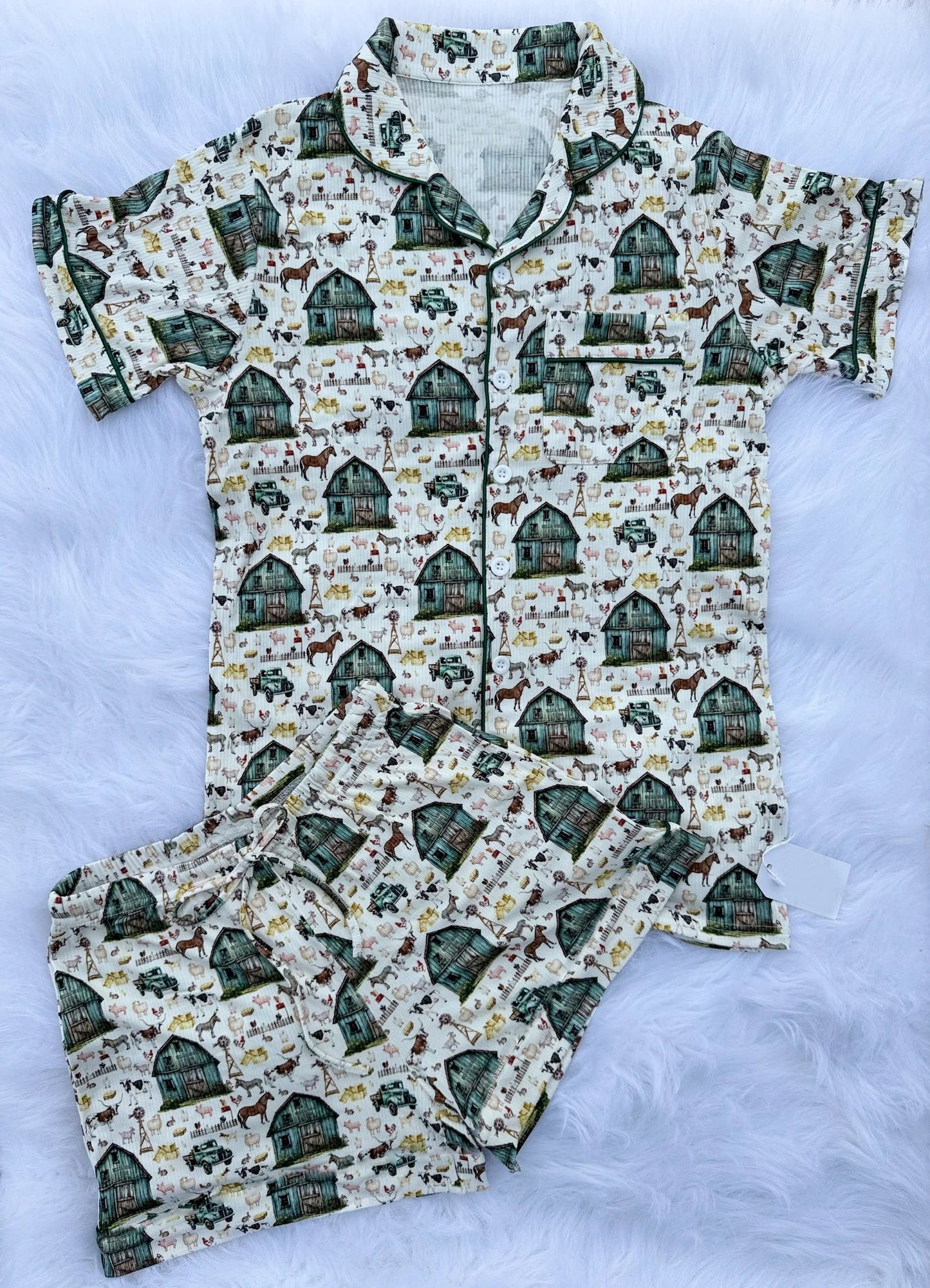 ( Moq 5 ) Preorder Baby Boys Short Sleeves Farm Animals Buttons Pocket Shirt Shorts Pajamas Set