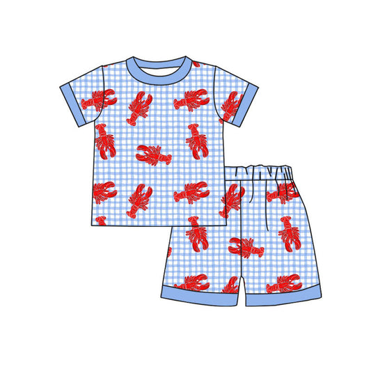 ( Moq 5 ) Preorder Baby Boys Short Sleeves Crawfish Blue Plaid Shirt Shorts Pajamas Set