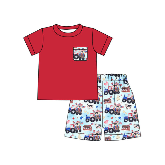 ( Moq 5 ) Preorder Baby Boys Short Sleeves Trucks Cows Farm Red Shirt Shorts 4th of July Set