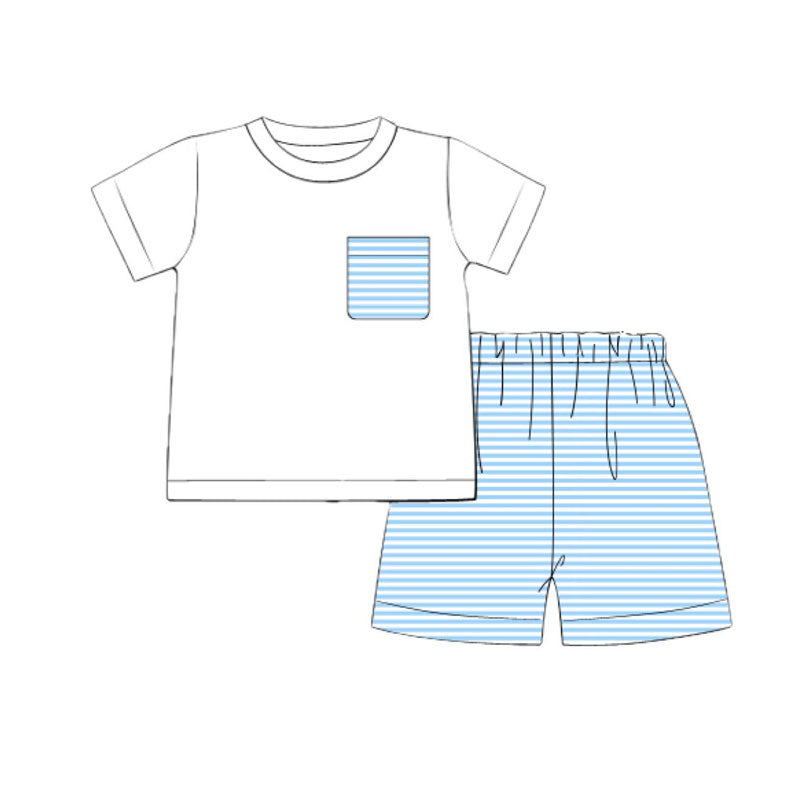 ( Moq 5 ) Preorder Baby Boys Short Sleeves Pocket Shirt Blue Stripes Shorts Clothes Set